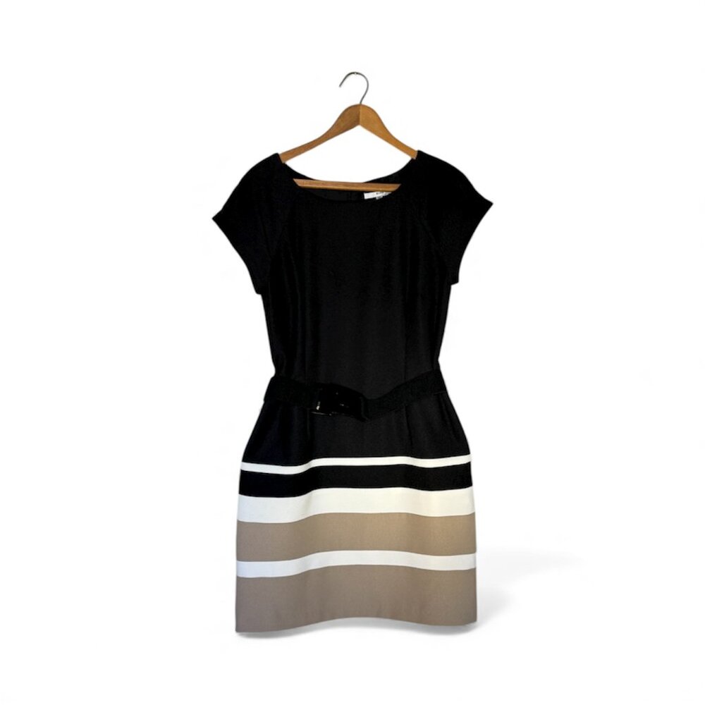 Studio One New York Belted Dress 14 Petite Black, White, & Tan
